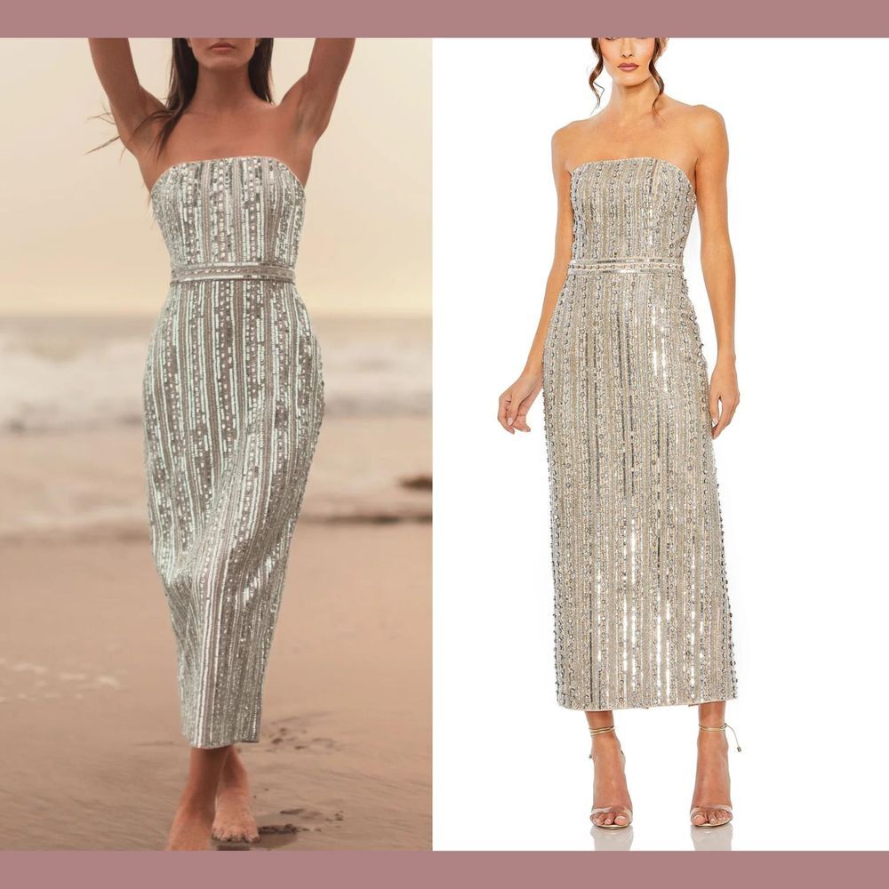 NWT $798 Mac Duggal [ 6 ] 93831 Embellished Strapless Column‎ Dress Nude SILVER